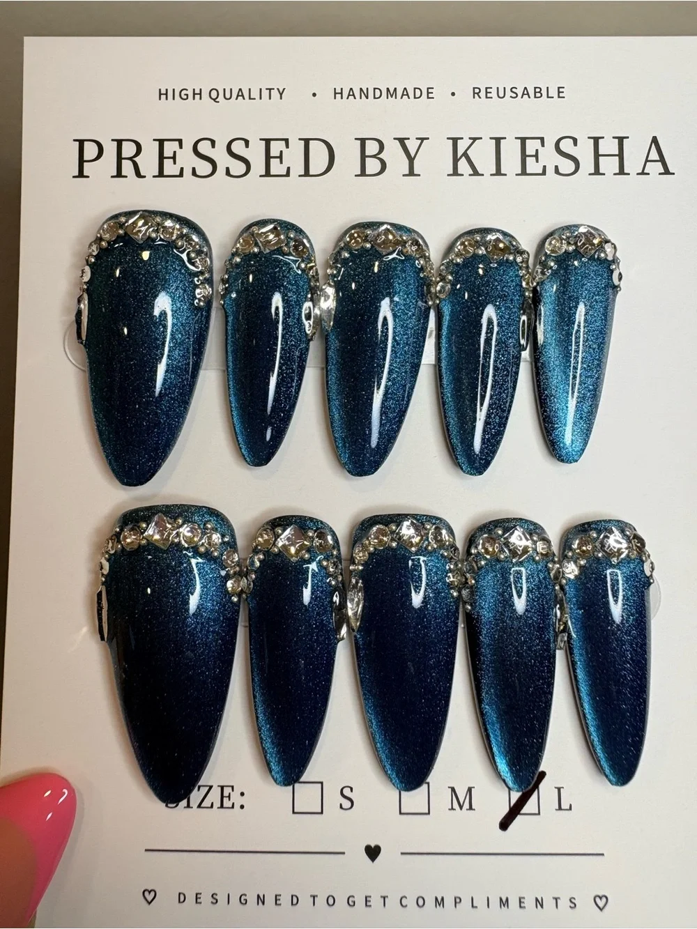 Teal Glitter Press-On Nails with Rhinestones